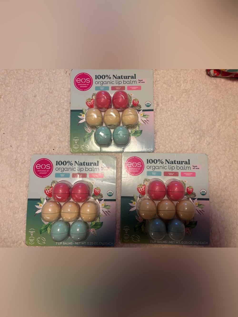 NWT! eos Lip Balm 7 pack. Sweet mint Strawberry sorbet vanilla bean. 3 PACKS.